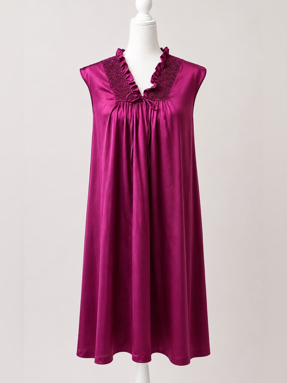 Vintage JCPenney Size S Magenta Antron III Nylon Maxi Nightgown Ruffle Smocked